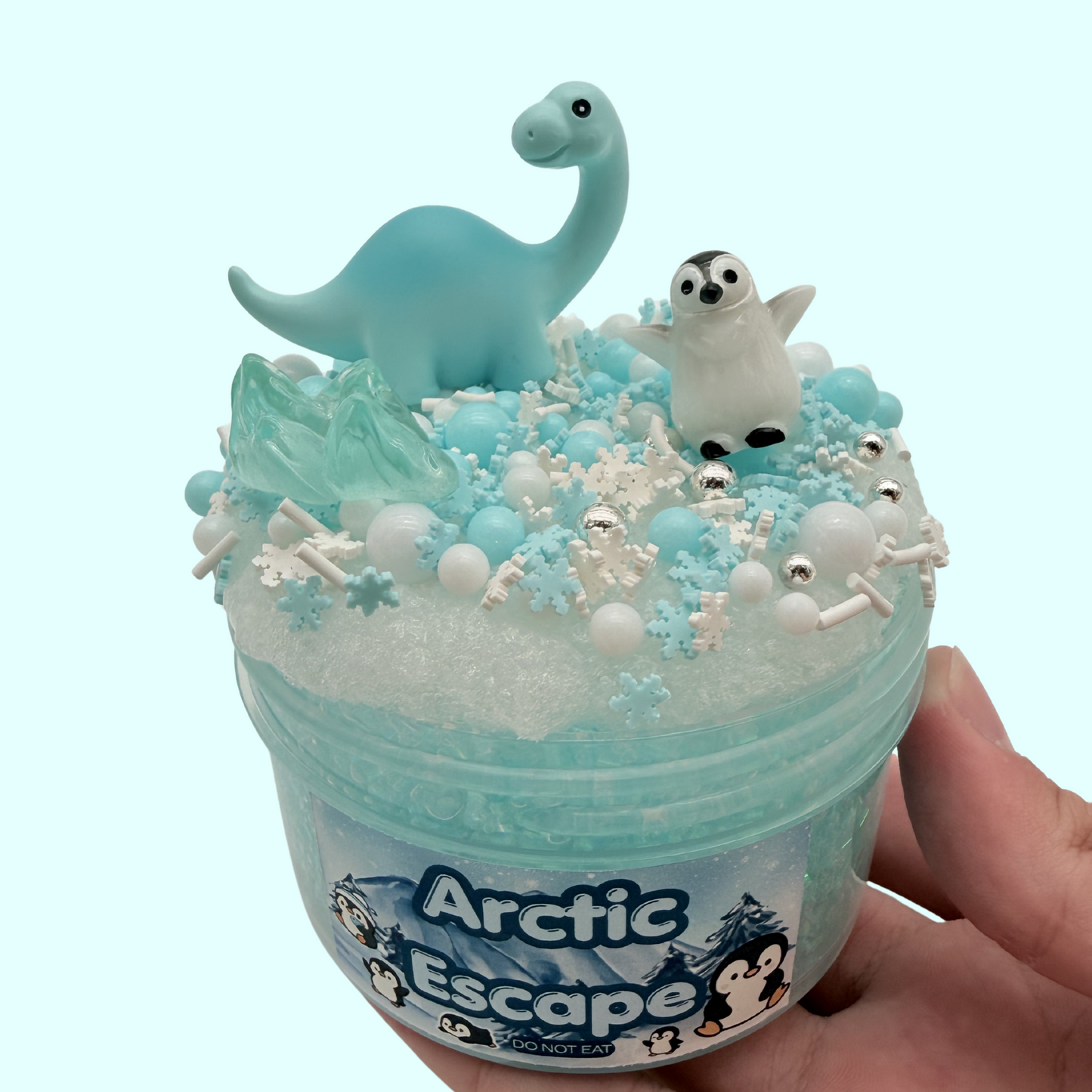 Arctic Escape Slime | Blue Bingsu Slime with Snow Fizz Topper | DIY Penguin & Dinosaur Slime | Crunchy Winter Sensory Slime