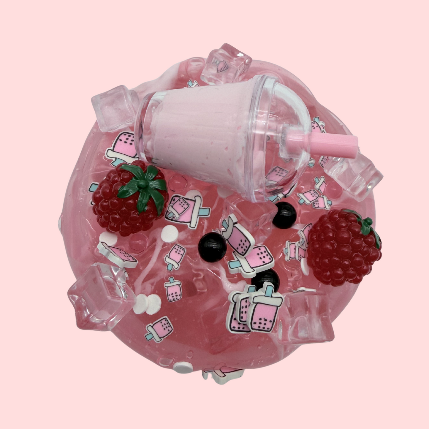 Raspberry Boba Milk Slime – Glossy Clear DIY Slime with Jelly Cubes, Raspberry Charms & Milk Tea Cup