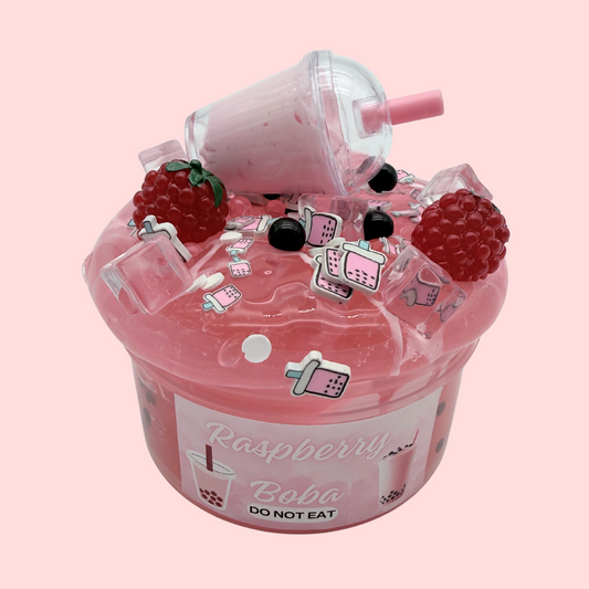 Raspberry Boba Milk Slime – Glossy Clear DIY Slime with Jelly Cubes, Raspberry Charms & Milk Tea Cup